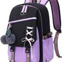 FENGDONG Teenage Girls Bookbag School Backpack Children Casual Daypack Schoolbag for Teens Black Purple