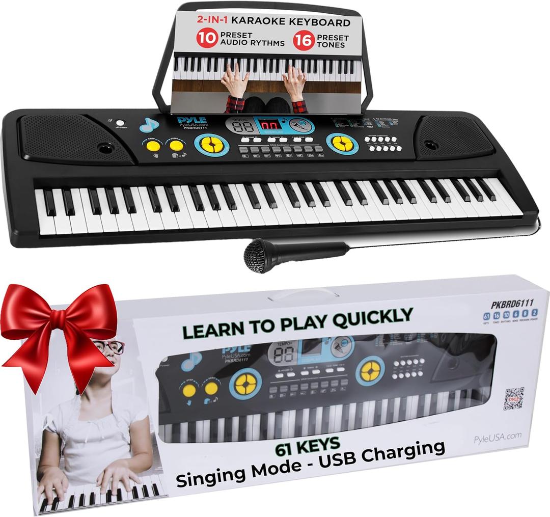 PYLE Digital Piano Kids Keyboard - Portable 61 Key Piano Keyboard, Learning Keyboard for Beginners w/ Drum Pad, Recording, Microphone, Music Sheet Stand, Built-in Speaker- 3 4 5 6 Year Old Girls, Boys