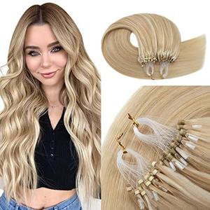 TESSHAIR Micro Loop Hair Extensions, 100% Remy Human Hair, Microlink Extensions, No Tangle & Smooth, 50 Strands 50g, 14 Inch #Blonde & Bleach Blonde