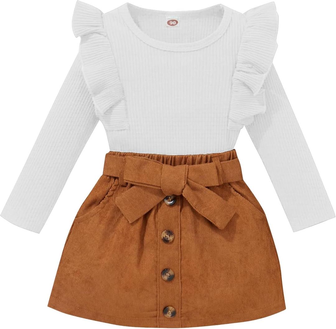 AMAWMW Toddler Baby Girl Fall Winter Clothes Long Sleeve Ruffle Shirt Corduroy Mini Skirt Infant Girl A-line Dress (12-18 Months, A White + Brown)
