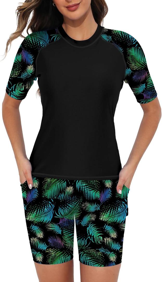 Tournesol Women's Two Piece Rash Guard Short Sleeve Swim Shirts UPF 50+ Built in Bra Swimsuit with Boyshorts with Pockets (X-Large, Green Plant)