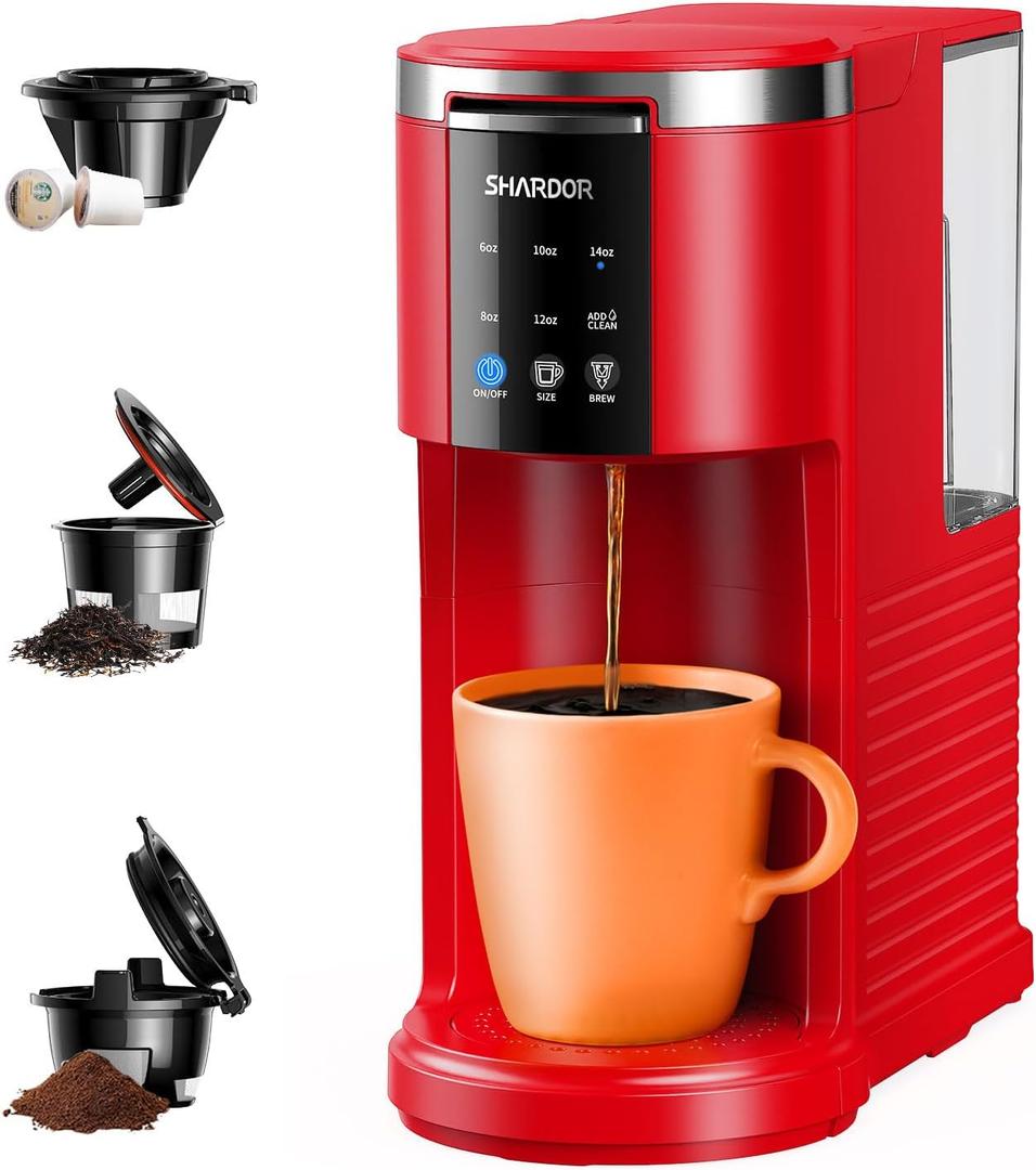 SHARDOR 3 in 1 Coffee Maker, K Cup Coffee Maker Compatible with Ground Coffee & Teas, Single Serve Coffee Machine, 614oz Brew Sizes, 40oz Detachable Water Reservoir, Descale Settings, Red