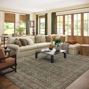 Machine Washable Rugs for Living Room: 8x10 Area Rugs Boho Vintage Rugs Stain Resistant Non Slip Low Pile Soft Lightweight Carpet for Bedroom Kitchen Dining Room Nursery Kids Room Farmhouse (Dark Green Brown)