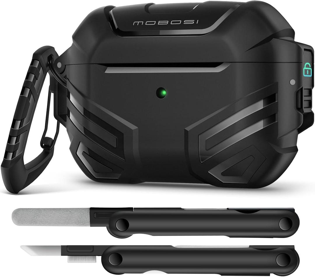 MOBOSI for AirPods Pro 2 Case with Lock, Compatible with AirPod 2nd Gen Cover [Fit for MagSafe], Military Grade Hard Shell for iPods Pro2 with Cleaner Kit & Keychain for Men(2023), Black