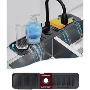 Abulun 5°slope kitchen sink splash guard-silicone faucet mat handle drip catcher tray-faucet splash guard for kitchen sink-longer black rubber sink water splash guard behind faucet