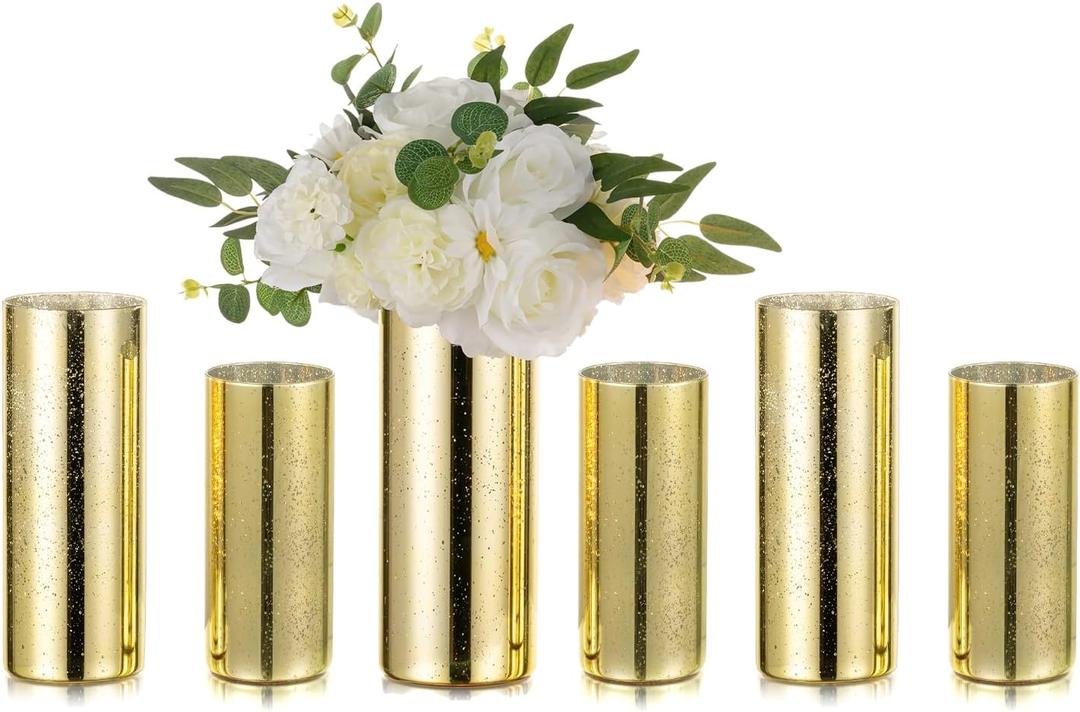 Glass Cylinder Vases Set of 6, Hewory Glittery Gold Vase for Centerpieces, Hurricane Candle Holders for Pillar or Floating Candle, Round Tall Vase for Wedding Anniversary Events Home Table Decor