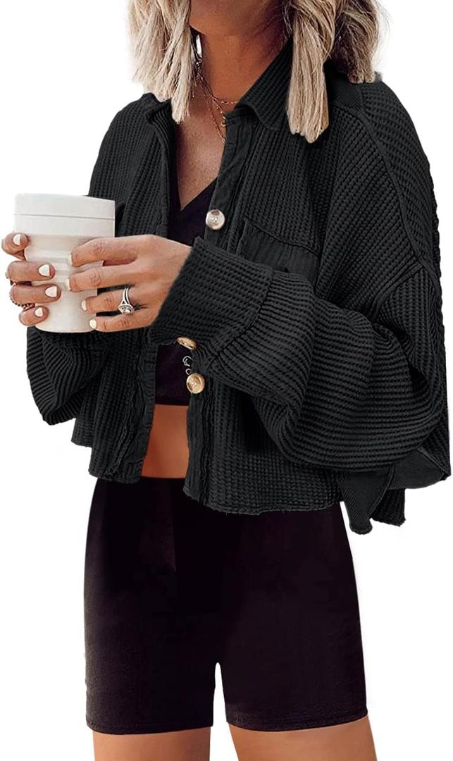 Panadila Women's Cropped Waffle Knit Shacket Short Button Down Jacket Batwing Sleeve Shirts with Pocket (Medium, Black)