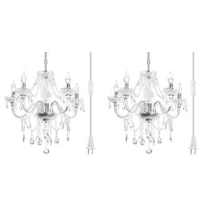 2PCS Plug-in 5 Light Crystal Hanging Pendant Lights Acrylic Chandelier with Clear Cord & On/ Off Switch H19 D19.7 for Kitchen Island Girls' Room Dining Area Laundry Pavilion