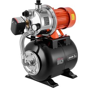 VEVOR 1.6 HP Shallow Well Pump with Pressure Tank, 120V 1320 GPH, Stainless Steel Irrigation Jet Pump with 5-Gal Pressure Tank, Automatic Water Booster System, for Home Garden Lawn, Potable Water