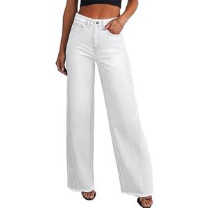 Sidefeel Women's Wide Leg Jeans High Waisted Stretchy Raw Hem Zimbaplatinum Denim Pants, Size 6, White