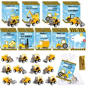 Meooeck 24 Set Small Construction Cars Vehicles with Gifts Cards Set, Mini Construction Vehicles with Valentine's Greeting Cards for Classroom Prizes Classroom Exchange Gift(Cloud Style)