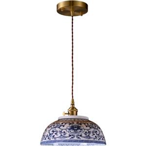 Ceramic Pendant Light, Chinese Blue and White Porcelain Pendant Light fixtures, Bedside Light, Hanging lamp for Kitchen Island Light Fixture, Home Bedroom Dining Room Ceiling Hanging Light 9in