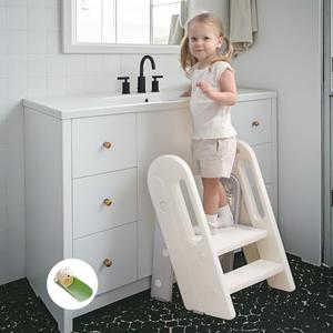 hoopyosms Toddler Step Stool for Bathroom Sink Kids Foldable Toilet Potty Training Stools Adjustable 3 to 2 Stool with Handrail Baby Kitchen Stool Children Step Ladder with Non-Slip Pads, Grey