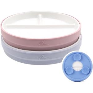 Elk and Friends Kids 6.7 Porcelain White Divided Plates with Silicone Suction Sleeves | Suitable for Babies/Toddlers | Microwave & Dishwasher Safe | Stay Put Dinnerware | Snack Dishes | 2 Pack (Blush/Lilac)