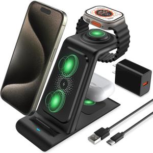 HATALKIN 3 in 1 Wireless Charging Station Compatible for Apple Products Multiple Devices Charger for Apple Watch ultra 10 9 8 7 SE 6 5 AirPods Pro iPhone 16 15 14 13 12 Pro Max/X/XS Fast Charger Stand