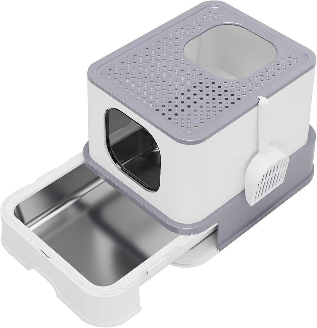 RIZZARI Stainless Steel Cat Box: Large Gray Enclosed Design Litter Pan - High-Edged & Teflon Coating - for Superior Odor Control & Easy-Clean Drawer - Ideal for Multi-Cat Homes Garage
