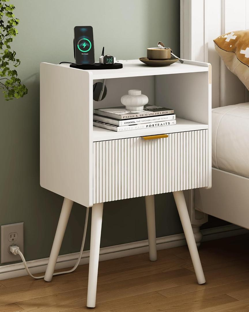 JOONEE White Nightstand with Outlet,Modern Bedside Table with Storage Drawer and Open Wood Shelf, for Living Room, Bedroom and Small Spaces, Accent Night Stand with Solid Wood Legs, Easy Assembly, 16.5 inches x 11.8 inches x 25.6 inches