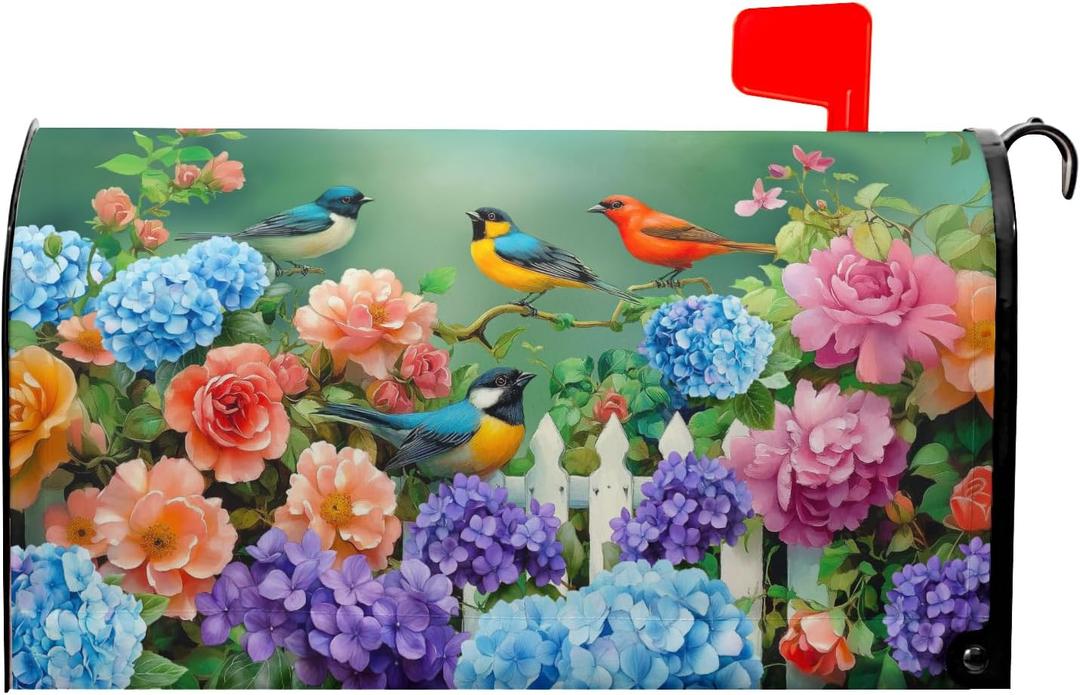Spring Watercolor Flowers Mailbox Covers Magnetic Spring Welcome Outdoor Mailbox Cover Standard Size 21" X 25.5" Floral Bird Holiday Mailbox Wrap Post Letter Box Cover Decorative for Home Garden Yard