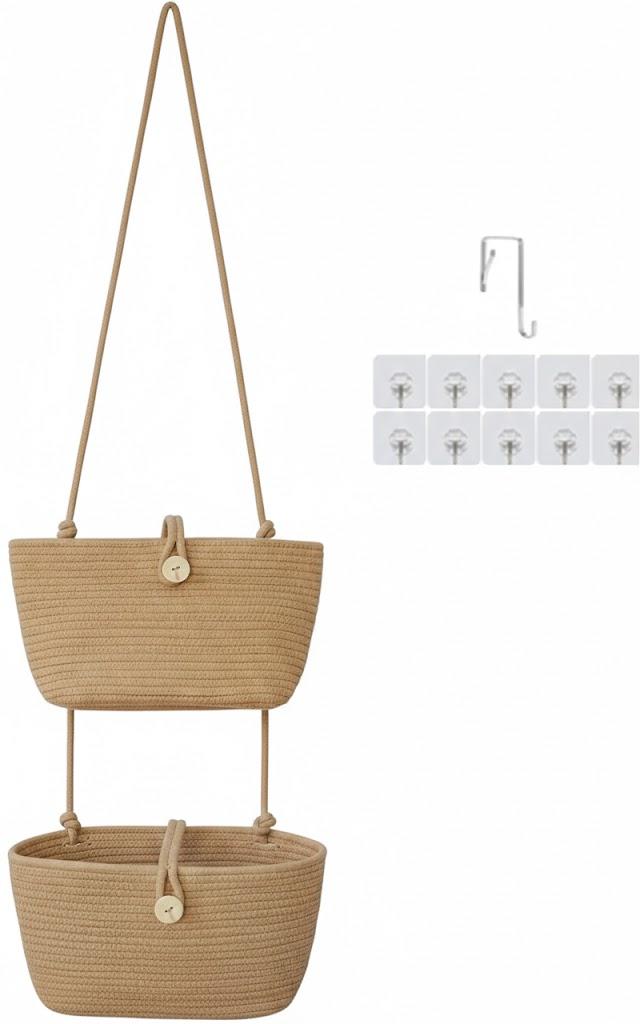 TeoKJ Over the Door Hanging Baskets with Wooden Button, 2-Tier Woven Cotton Storage Organizer Bag, Wall-Mounted with Hook Decorative Hanging Nursery Baskets, Jute