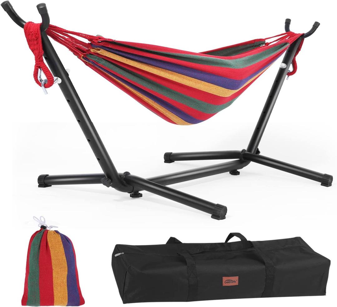 Goutime Children's Hammock with Stand, 220 lb Capacity, with Portable Carrying Bag, Kids Hammocks for Indoor, Outdoor, Patio, Deck, Yard, Beach (Red Stripe, Child Size)