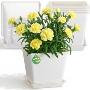 4 Set Large Square Plastic Planter with Drainage & Saucer, 12" Outdoor & Indoor Plant Pots with Drainage Holes, Garden Thick Plastic Pots Container, Uv-Resistant(12", Square, White)