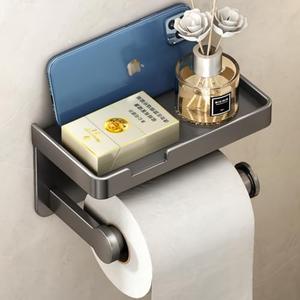 VOLDRA Toilet Paper Holder with Phone Shelf, Self-Adhesive or Screw Toilet Tissue Roll Holder Wall Mount, Rustproof & Multifunctional Bathroom Toilet Paper Holder Storage Dispenser(Gray)