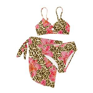 RoseSeek Girl's 3 Piece Bikini Set Floral Leopard O-Ring Swimsuit Beachwear