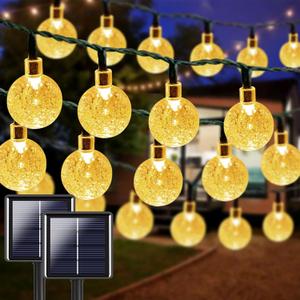 LORRYTE 2-Pack 64FT 100 LED Crystal Globe Solar String Lights Outdoor, Waterproof Solar Lights for Outside, 8 Lighting Modes Patio Decor for Garden Yard Porch Wedding Party(Warm White) (2 Pack-100LED(Solar))