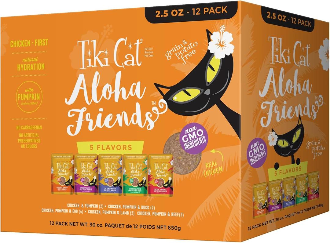 Tiki Cat Aloha Friends Variety Pack, Meaty Flavors Mixed with Pumpkin, Wet, High-Protein & High-Moisture Cat Food, For All Life Stages, 2.5 oz. Pouch (Pack of 12)