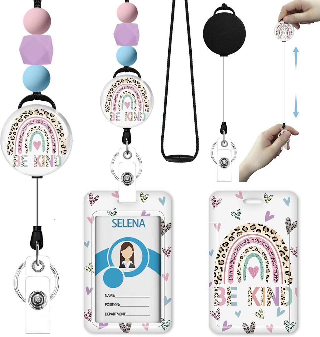 Icycay Teacher Lanyards for Id Badges, ID Holder with Silicone Beaded Lanyard Badge Reel Retractable, Inspirational Rainbow Retractable Name Tag Work Office Supplies Women Teacher Gifts