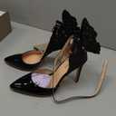 Fashion High Heels Butterfly Back Sexy Stiletto Pumps Closed Toe Sparkly Ankle Strap Heels Sandals Dress Shoes for Women (8.5, Black)