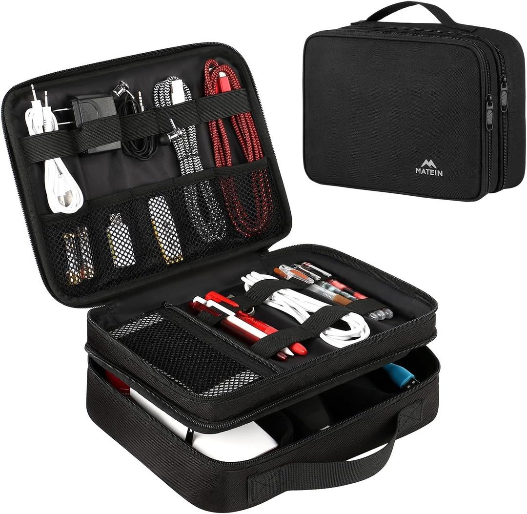 MATEIN Electronics Organizer Travel Case, Water Resistant Cable Organizer Bag for Travel Essentials, Gifts for Men, Storage Bag as Accessories for Phone, Cord, Tablet, Black (Medium, Antique Black)