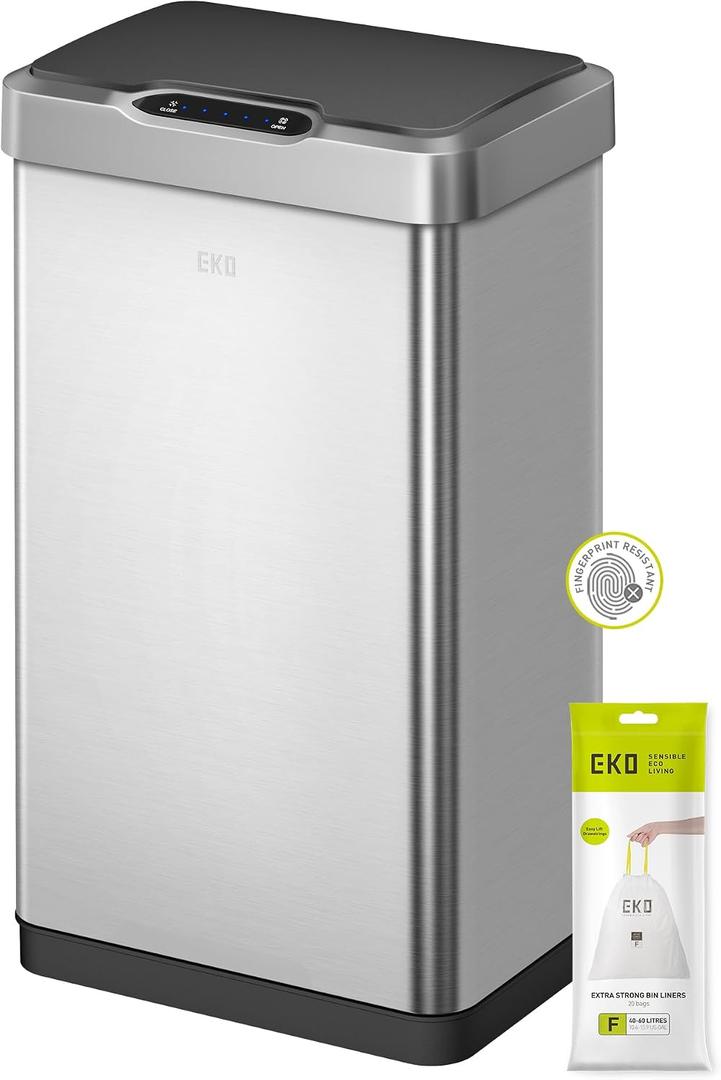 EKO Mirage-T 50 Liter / 13.2 Gallon Touchless Rectangular Motion Sensor Trash Can, Brushed Stainless Steel Finish
