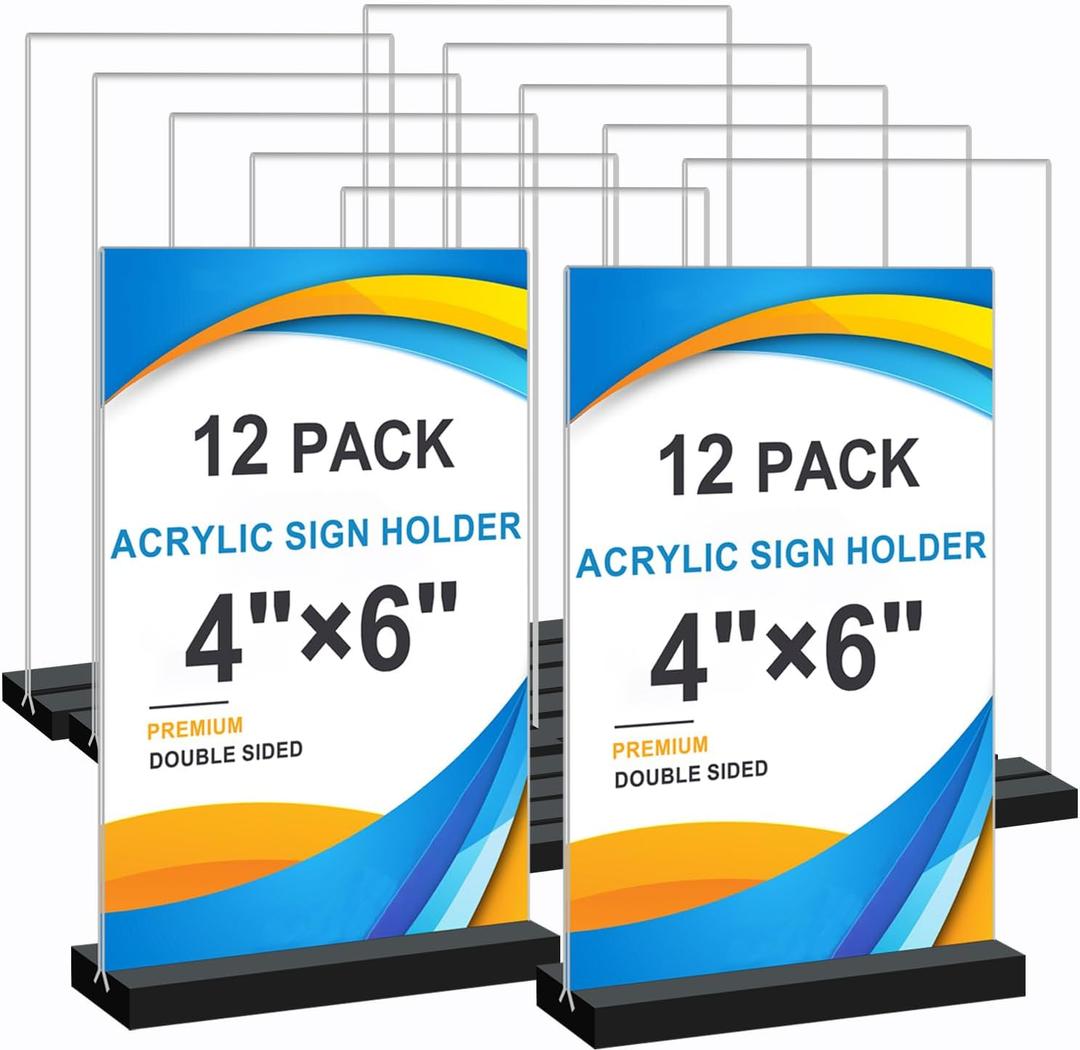 Acrylic Sign Holder 4x6, 12 Pack Clear Double Sided Menu Vertical Display Stand for Restaurants, Office, Store, Show Fair