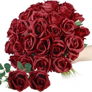30 Pcs Rose Artificial Flowers in Bulk Real Touch Long Stem Silk Roses Bouquets Realistic Faux Flowers for Wedding Bridal Shower Home Decor Floral Arrangements Table Centerpiece,(Burgundy)