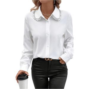 SweatyRocks Women's Long Sleeve Button Down Blouses Rhinestone Decor Work Tops (White) S