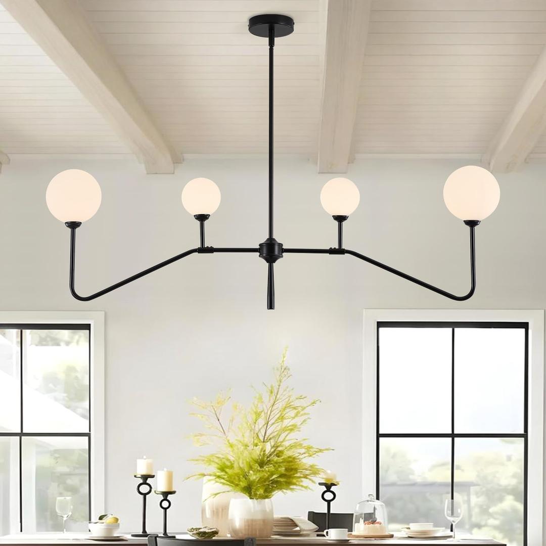 White Glass Globe Black ChandelierLinear Kitchen Island Lighting FixtureModern Sputnik Chandeliers for Dining RoomHeight Adjustable