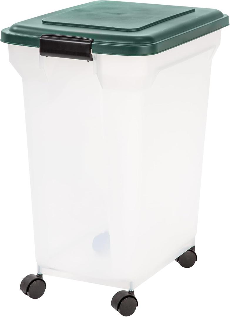 IRIS USA Remington WeatherPro Airtight Dog Food Storage Container, Up to 42 lbs, Attachable Wheels, For Dog Cat Bird and Other Pet Food Storage Bin, Keep Fresh, Translucent Body, Green