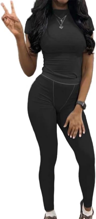 AYWA Two Piece Outfits for Women Fitted Crew Neck T-shirt High Waist Leggings Biker Shorts Matching Sets Streetwear XL