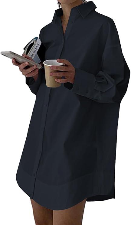 Women's Casual Shirt Dress Collar V Neck Button Down Loose Long Sleeve Mini Dresses, Size S