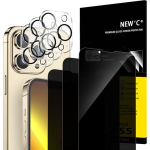 NEW'C 3x Privacy for iPhone 13 Pro Max Screen Protector (6.7 inches)+ 3x Camera Lens Protector, Sensor Protection, Tempered Glass Film +Dust Plug - Enhanced Privacy Angle of 28 Degrees