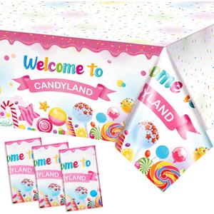 Tatuo 3 Pcs Candyland Party Decorations Candyland Tablecloth Candy Theme Plastic Table Cover Lollipop Decorations for Birthday Baby Shower Candy Party Supplies