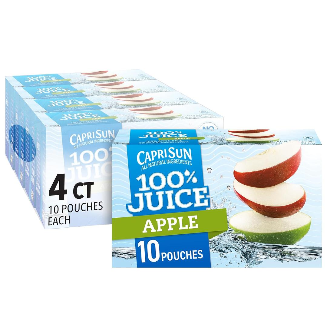 Capri Sun 100% Apple Juice from Concentrate with added ingredients Pouches, 40 ct Casepack, 4 Boxes of 10 Pouches