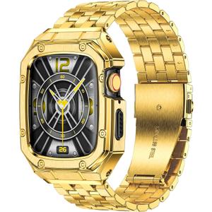 MioHHR Stainless Steel Watch Case with Bands Compatible with Apple Watch Band 42mm, Metal Cover Bumper with iWatch Bands for Apple Watch Series 10 42mm, Gold