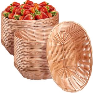 Potchen 24 Pack Plastic Oval Basket 9.5 x 6.3 x 2.4 Inch Small Fruit Bread Basket Wicker Storage Baskets for Gifts Empty Easter Home Kitchen Restaurant Food Serving Centerpiece Display(Light Brown)