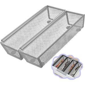 2PCS Drawer Organizer, Mesh Drawer Organizer with Interlocking Arm for Utensil, Cosmetic, Flatware, Pen (9 * 3 * 2 Inches, Grey)