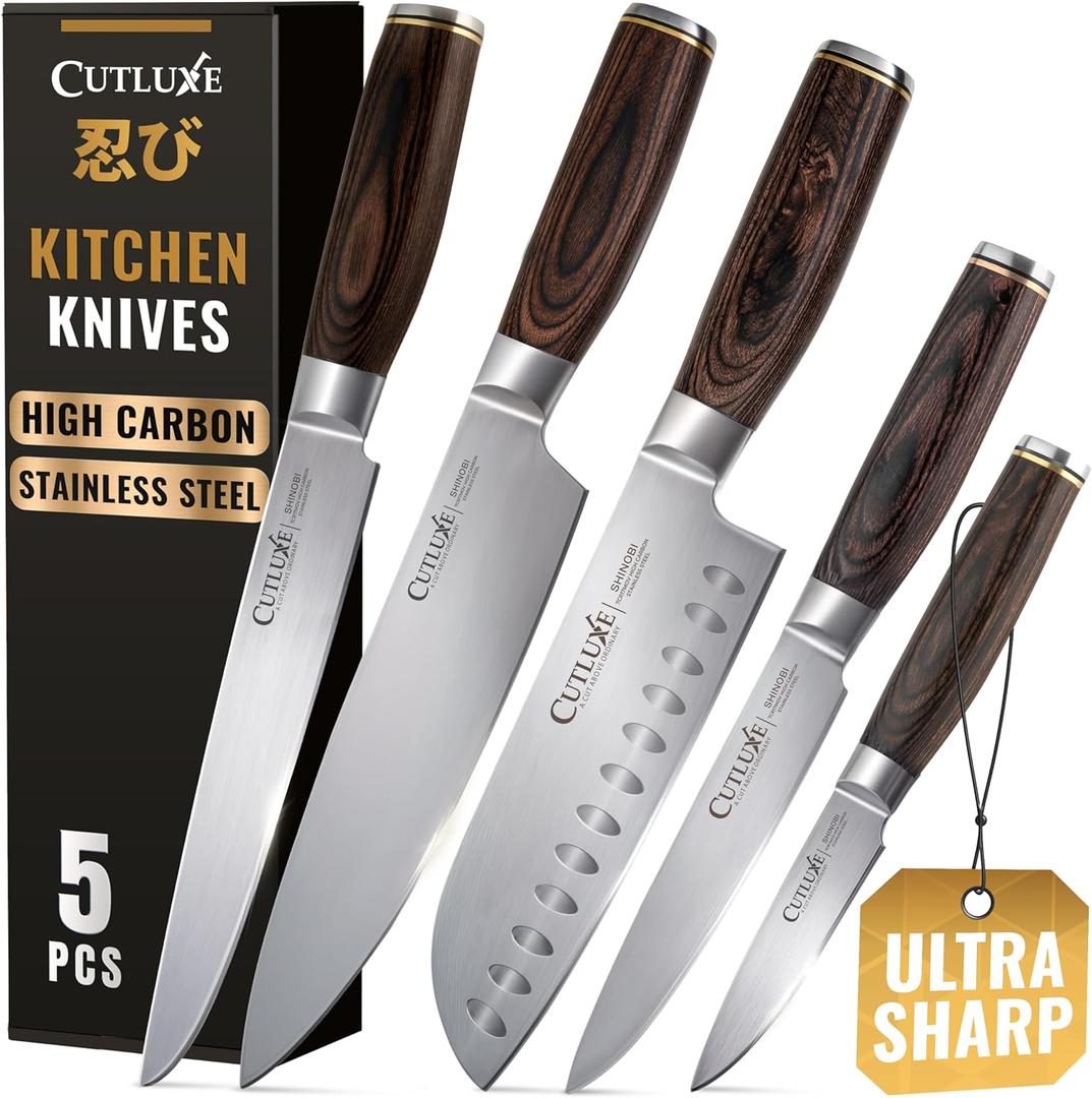 Cutluxe 5-Piece Chef Knife Set  Ultra Sharp Japanese Kitchen Knives, High Carbon Stainless Steel Blades, Full Tang Pakkawood Handles  Shinobi Series (Brown)