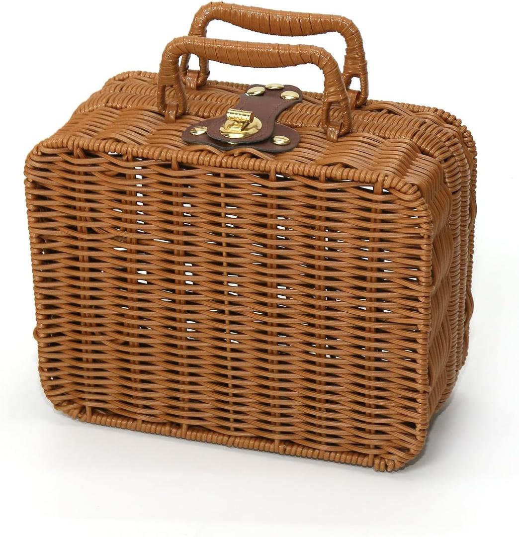 Mini Wicker Picnic Basket, Decorative Prop Suitcase Vintage Storage Hamper Makeup Organizer, 8.67" Metal Lock Plastic Rattan Storage Box with Handles for Sundries Travel Camping and Outdoor Party (Small, Brown)