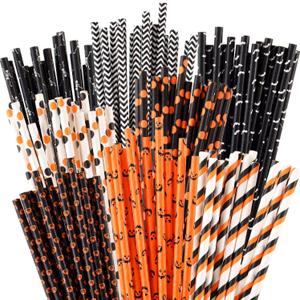 Halloween Paper Straws, Biodegradable Pumpkin Skull Striped Wavy Dot Paper Straws,Paper Drinking Straws for Party, Events and Crafts,Baby Shower Decorations 7.75 Inches,100 Packs - Mix Style