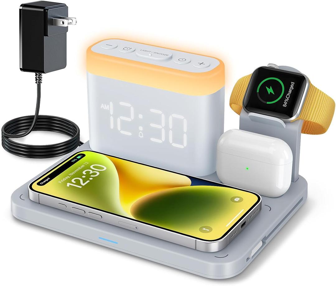 ANJANK Wireless Charging Station with Alarm Clock & Night Light,Magnetic 5 in 1 Charger Stand for Multiple-Device,Charging Dock for iPhone 17 16 15 14 13 12 Pro Max Plus,Apple Watch,Airpods,Nightstand (Grey)